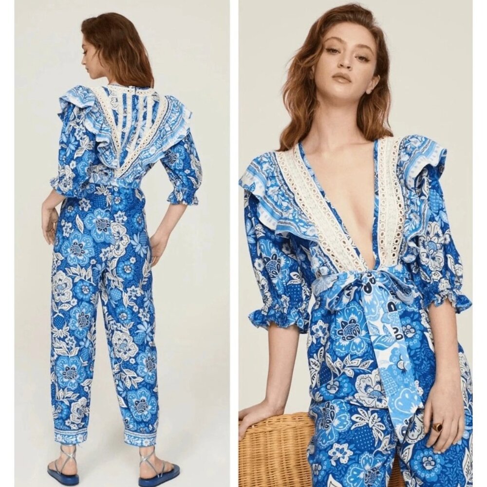 Farm Rio Blue Full Of Flowers Jumpsuit S